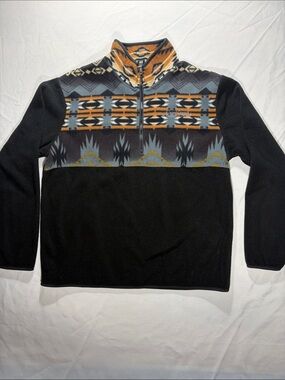 Men's Black Zip-Up Fleece Sweater with Aztec Yoke